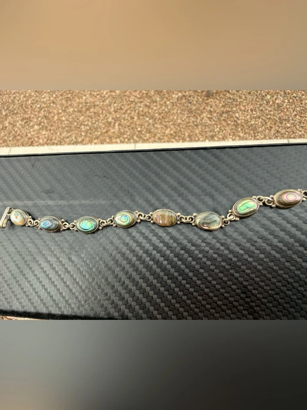 Vintage Sterling Silver 925 Abalone Shell Bracelet - 7 Oval Cabochons, Toggle